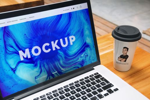 Free Mockup: Macbook Pro and Coffee Cup for Logo