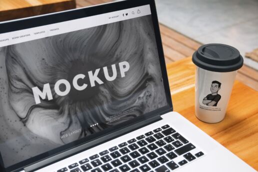 Free Mockup: Macbook Pro and Coffee Cup for Logo