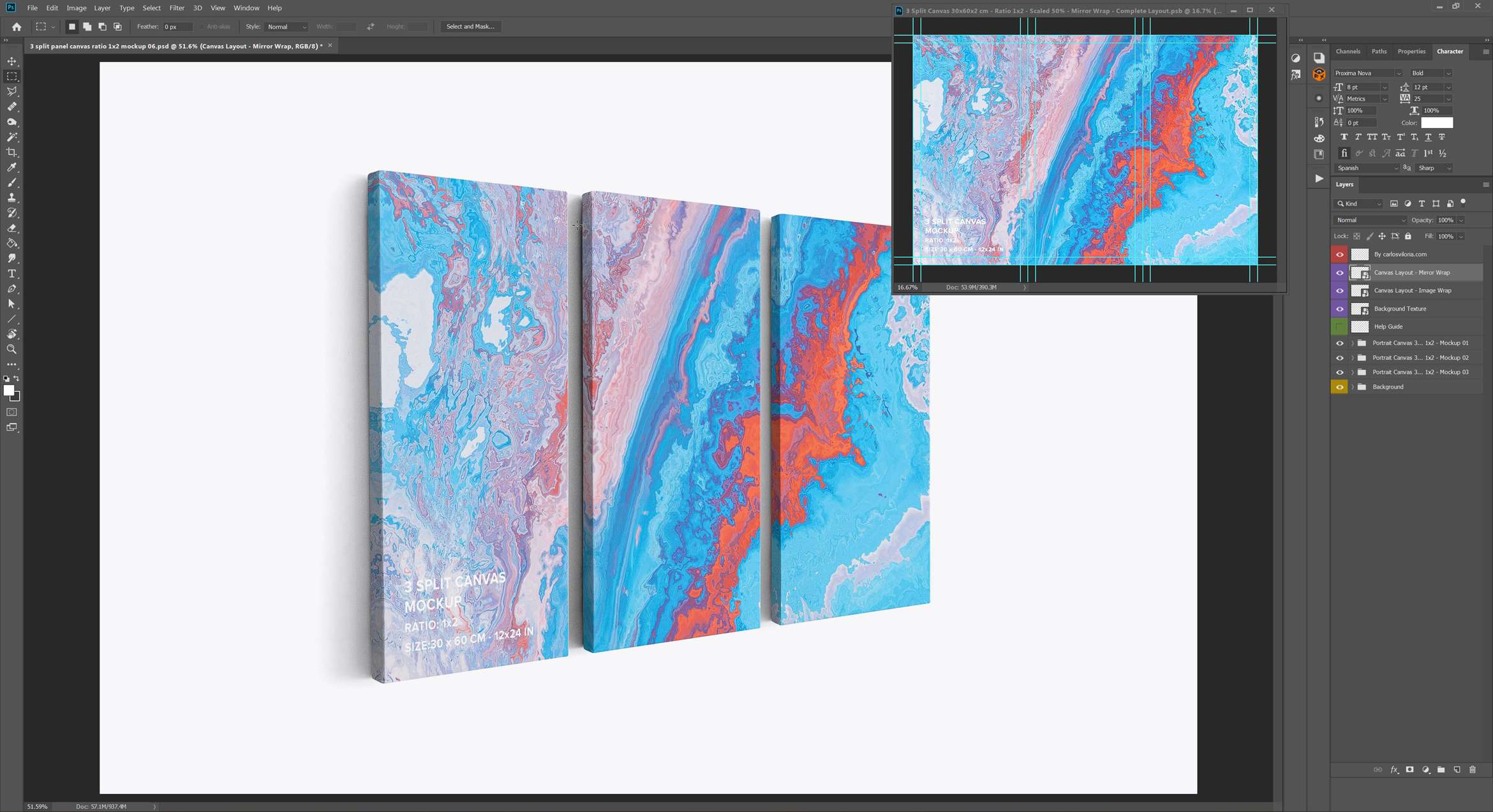 3 Split Panel Canvas Ratio 1x2 Mockup - 0.75 in Wrap