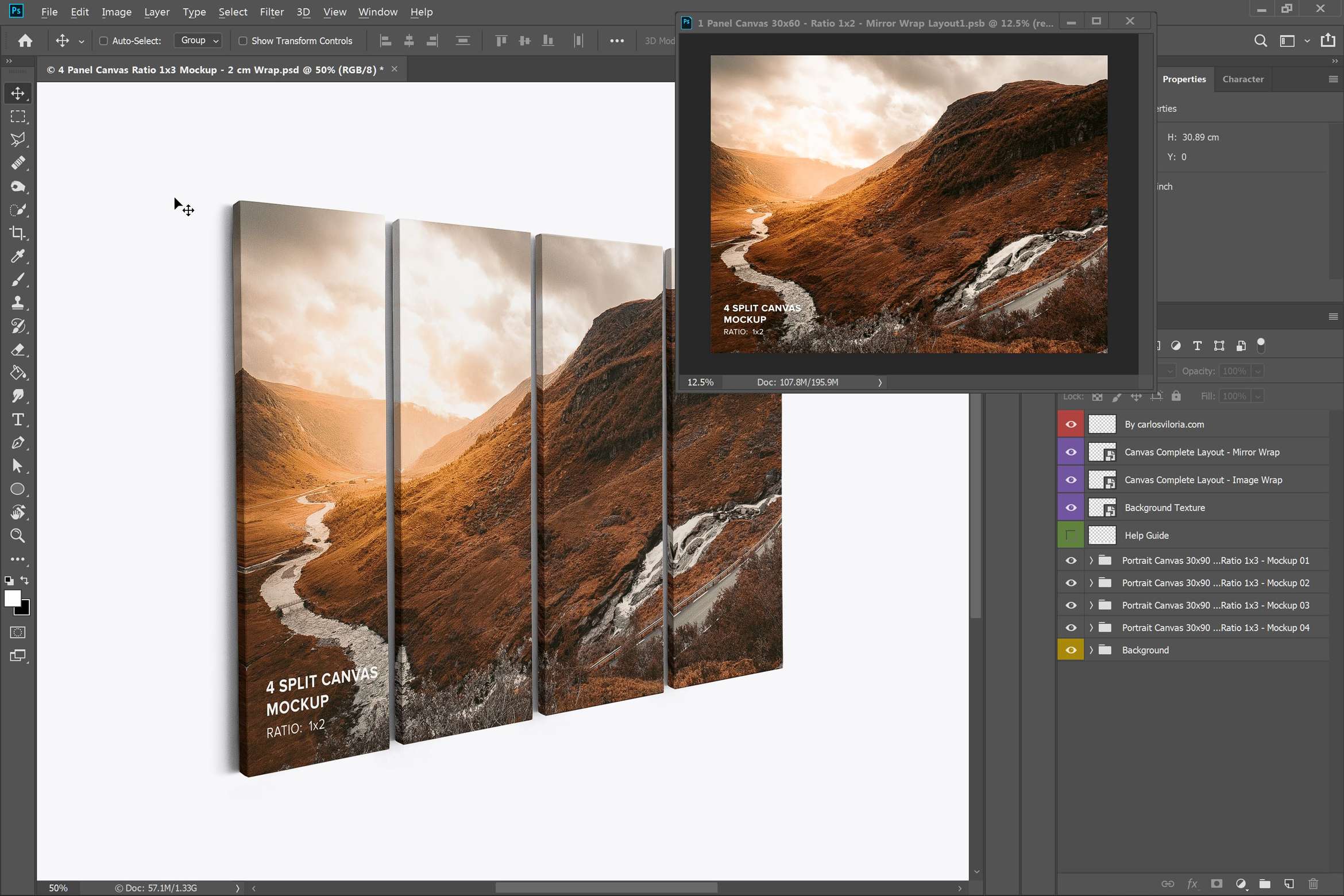 Hanging 4 Panel Canvas Ratio 1x2 Mockup - Left 0.75 in Wrap
