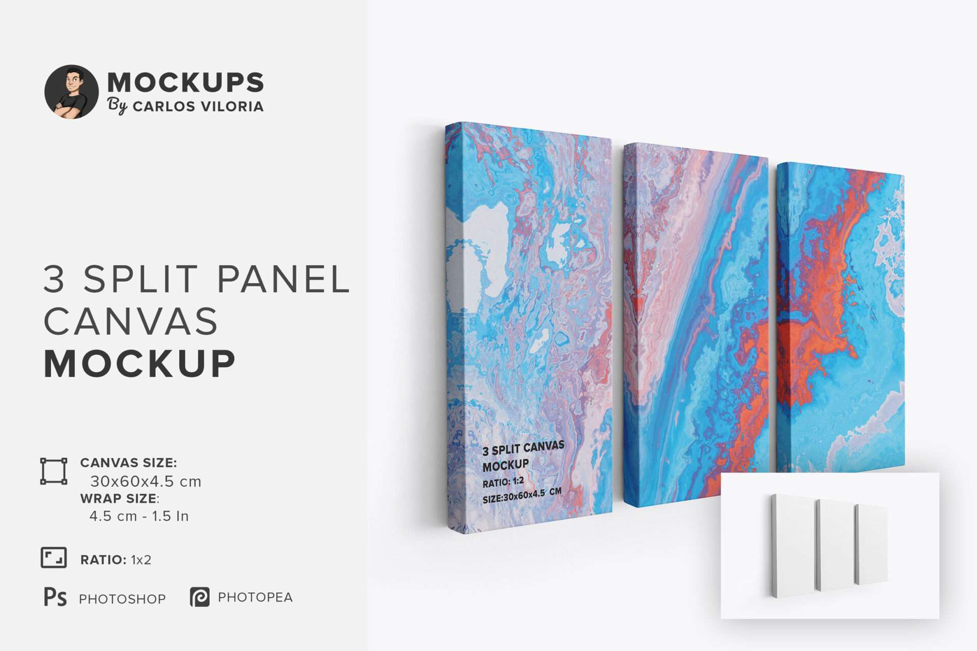 3 Panel Canvas Ratio 1×2 Mockup – Left 4,5 cm Wrap
