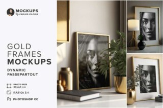 Portrait Gold Photo Frame Mockups for Photoshop - 30x40 cm