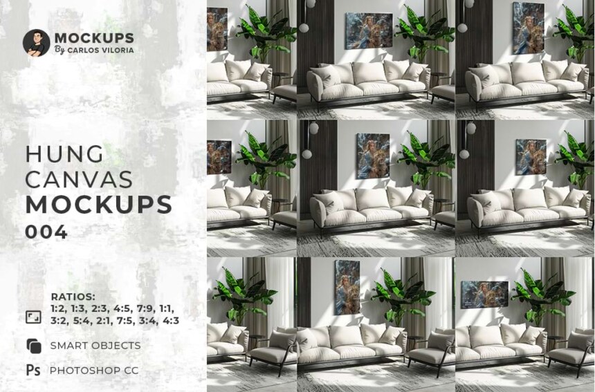 Hung Canvas Mockup Pack 04 - Modern Living Room