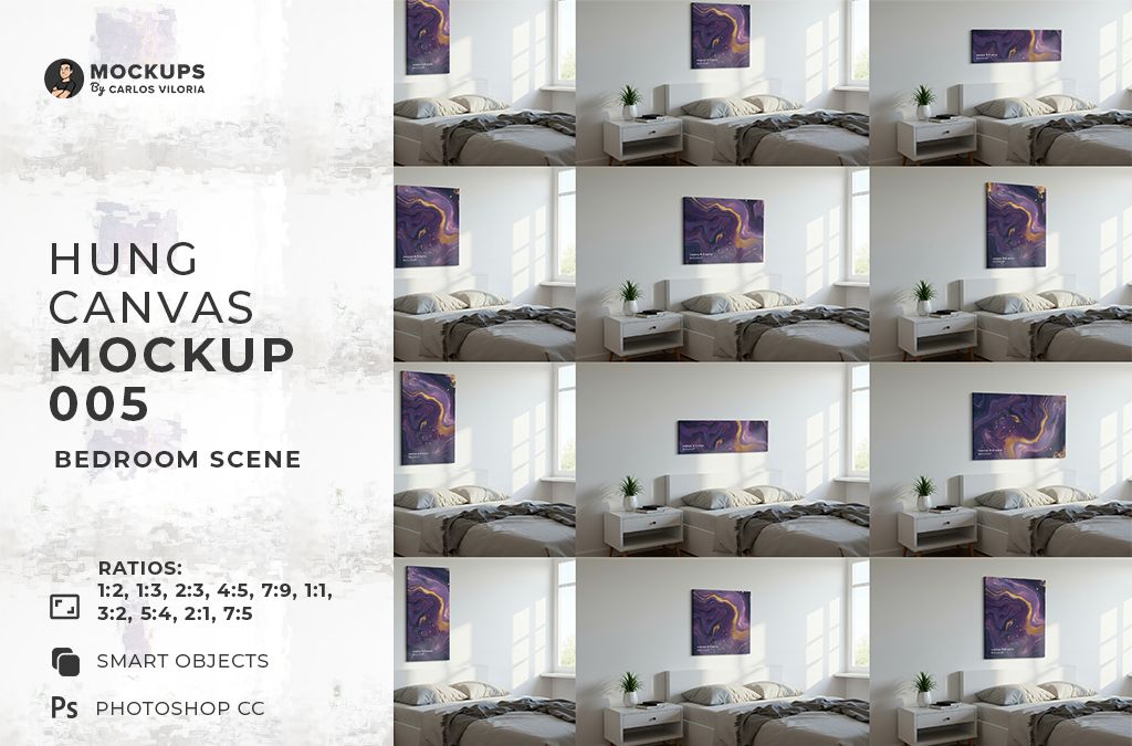 Hung Canvas Mockup Pack 005 - Modern Bedroom Scene