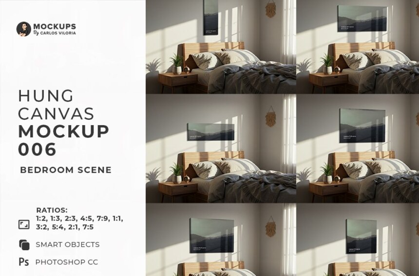 Hung Canvas Bedroom Scene Mockup