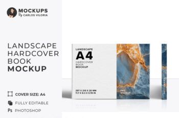A4 Landscape Hardcover Book Mockup - Front and Spine View - Mockups by Carlos Viloria
