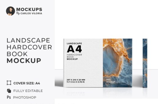 A4 Landscape Hardcover Book Mockup - Front and Spine View