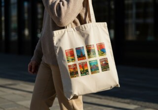 AI Prompt – Retro City Stamp Creator - Wood Photo Frame Mockup - Tote bag Mockup