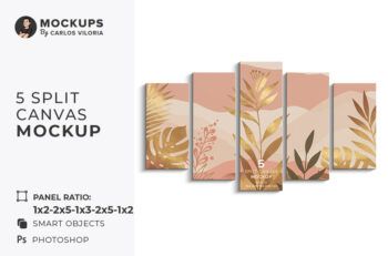 Front View 5 Split Canvas Mockup - Ratio 1x2-2x5-1x3-2x5-1x2 - Mockups by Carlos Viloria