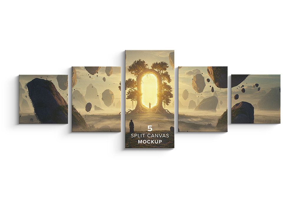Front View 5 Split Canvas Mockup - Ratio 1x1-3x4-1x2-3x4-1x1