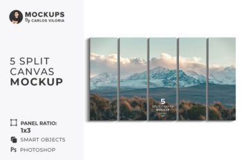 Front View 5 Split Canvas Mockup - Ratio 1x3 - Mockups by Carlos Viloria