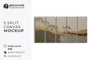 Front View 5 Split Canvas Mockup - Ratio 3x8 - Mockups by Carlos Viloria