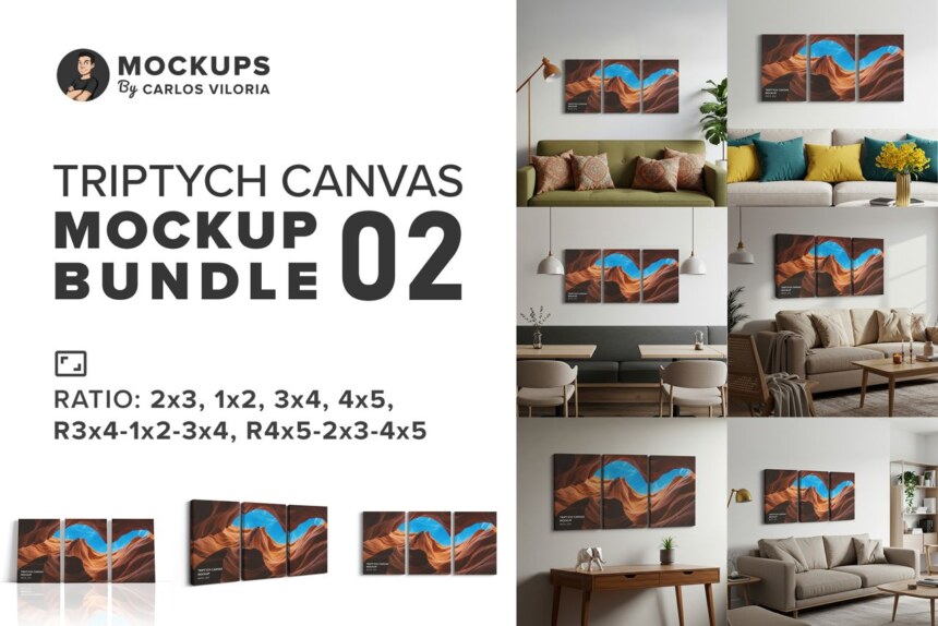Triptych Canvas Mockup Bundle 02